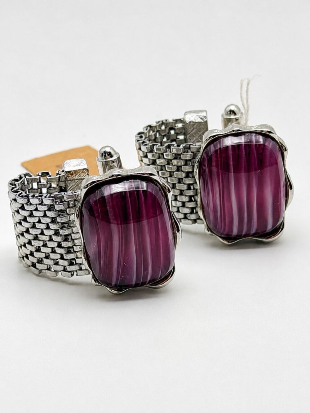 Vintage Dante Purple Rivoli Stone Silver-Tone Mesh Wrap Cufflinks
